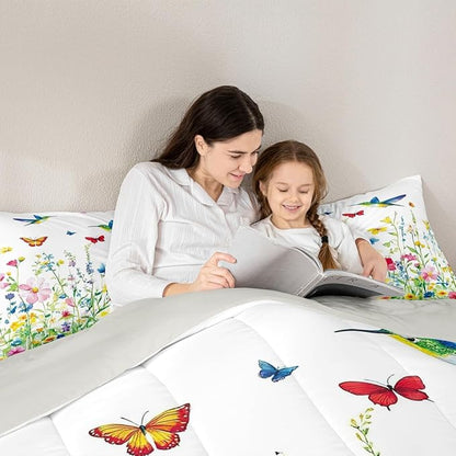 Erosebridal Wildflower King Bedding Set for Girls,Colorful Boho Floral Comforter Set for Kids Women,Spring Flower Butterfly Hummingbird Quilt,Botanical Flowers Bedroom Decor with 2 Pillowcases