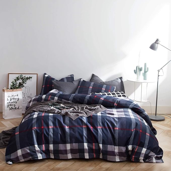 Wellboo Navy Blue Plaid Comforters Full Blue Geometric Tartan Bedding Comforters Cotton Women Men Preppy Buffalo Check Warm Quilts Vintage Blue Grid Blankets Farmhouse Down Alternative Bed