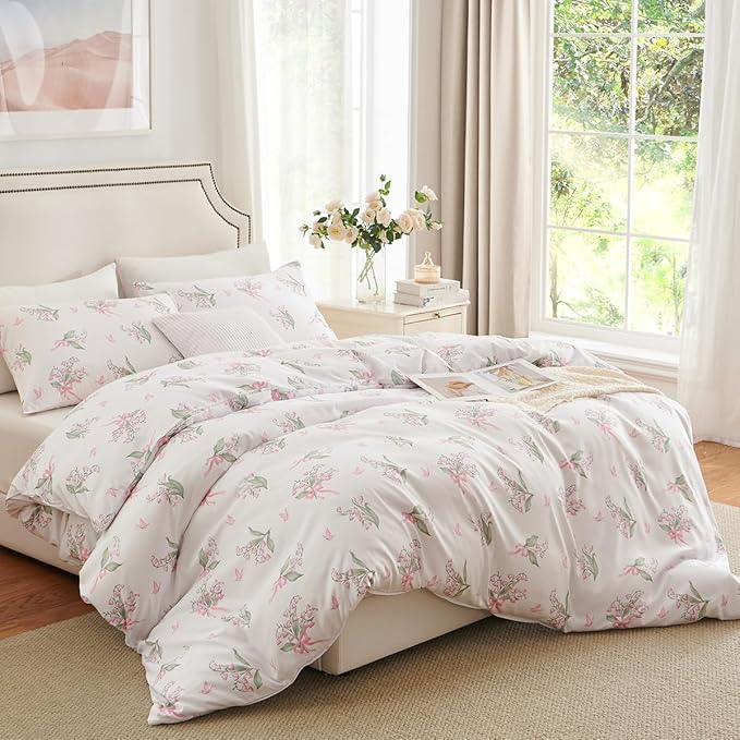 Duvet Cover Queen 3Pcs Pink Floral Bedding Set for Girls, Lily of The Valley with Butterfly and Bow Design, 1 Duvet Cover and 2 Pillowcases, Soft Breathable Microfibre Reversible