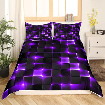 Castle Fairy Abstract Bedding Set King Size for Teens,3D Modern Cool Geometric Grid Square Comforter Cover with 2 Pillowcases,Shiny Purple Neon Light Black Duvet Cover Set Microfiber Quilt Cover