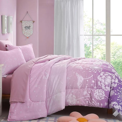 Menghomeus Girls Comforter Set Queen Size 7 Pieces Bed in A Bag Ombre Purple Pink Bedding Set Dandelion Butterfly Print Kids Bedding Collections