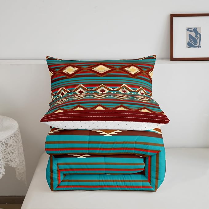 Feelyou Southwestern Bedding Set Geometric Comforter Set for Kids Girls Room Decor Tribal Comforter Toddler Size Native American Design Red Yellow Duvet Set 2Pcs
