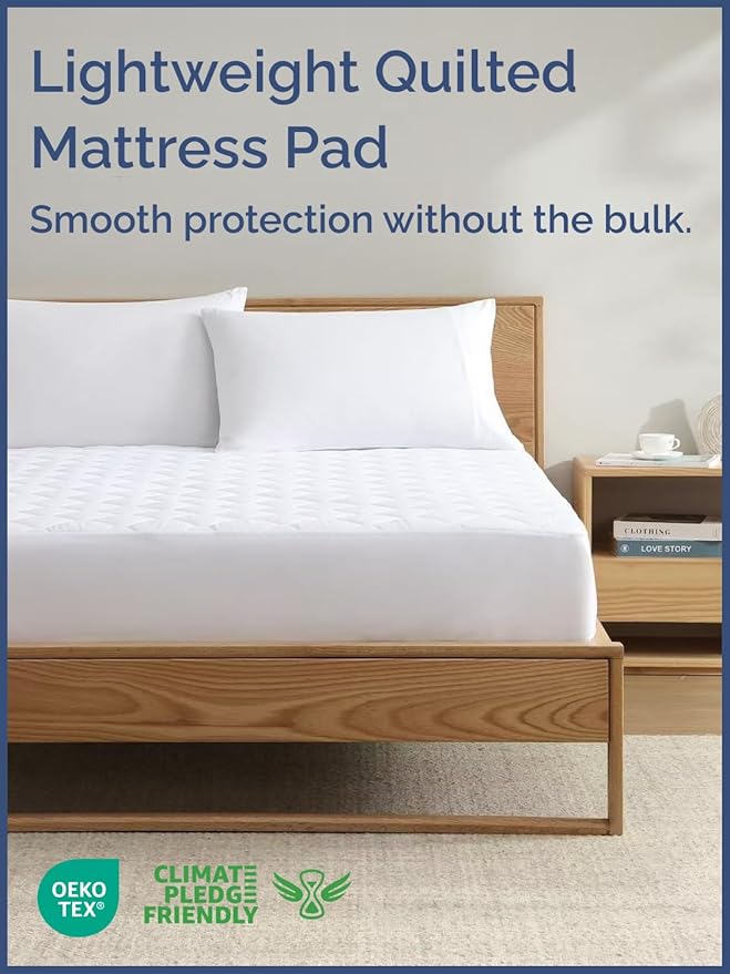 Quilted Fitted Mattress Pad King Size - Elastic Fitted Mattress Topper Protector & Cover - Breathable, Soft, Low Profile Top Cover with 8-16 Inch Deep Pockets - Easy-Fit and Machine Washable - White