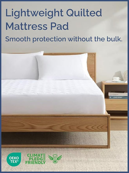 Quilted Fitted Mattress Pad King Size - Elastic Fitted Mattress Topper Protector & Cover - Breathable, Soft, Low Profile Top Cover with 8-16 Inch Deep Pockets - Easy-Fit and Machine Washable - White