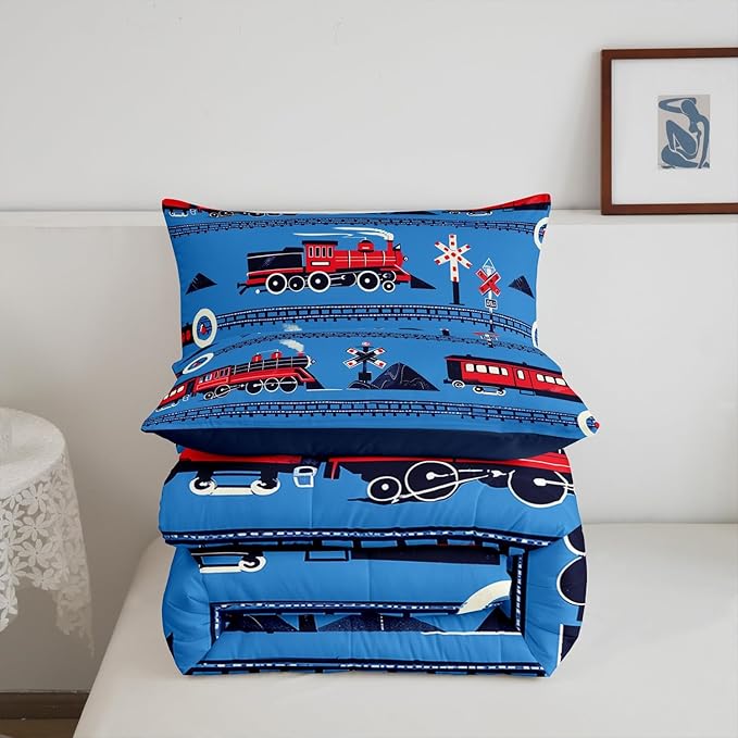 Erosebridal Boys Train Full Comforter Set Cartoon Car Toddler Bedding Set, Traffic Transportation Track Comforter for Kids Teens Red Blue Steam Engine Railway Decor Quilt Set Room 3Pcs
