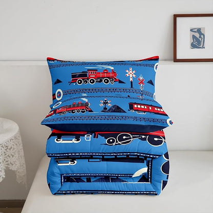 Erosebridal Boys Train King Comforter Set Cartoon Car Toddler Bedding Set, Traffic Transportation Track Comforter for Kids Teens Red Blue Steam Engine Railway Decor Quilt Set Room 3Pcs