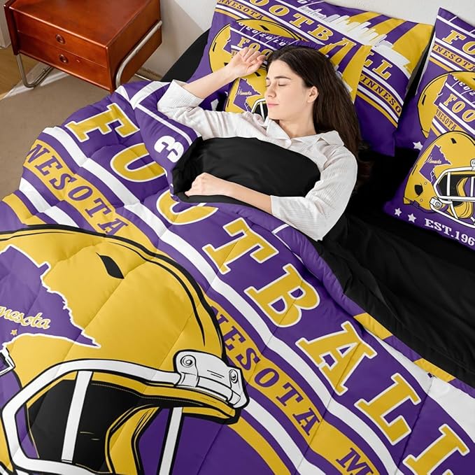 Erosebridal Football Bedding Rugby Seasonal Color Comforter Set Queen, Cartoon 3D Helmet Sports City Illustration Comforter + Flat Sheet + Fitted Sheet + 2 Pillowcases + 2 Throw Pillow Covers