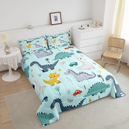 Castle Fairy Cute Car Kids Comforter Set Queen Size,Cartoon Dinosaur Rainbow Sketch Blue Bedding Set for Women Adult,Kawaii Dino Colorful Wild Animal Luxury Bed Duvet Insert, 2 Pillowcases