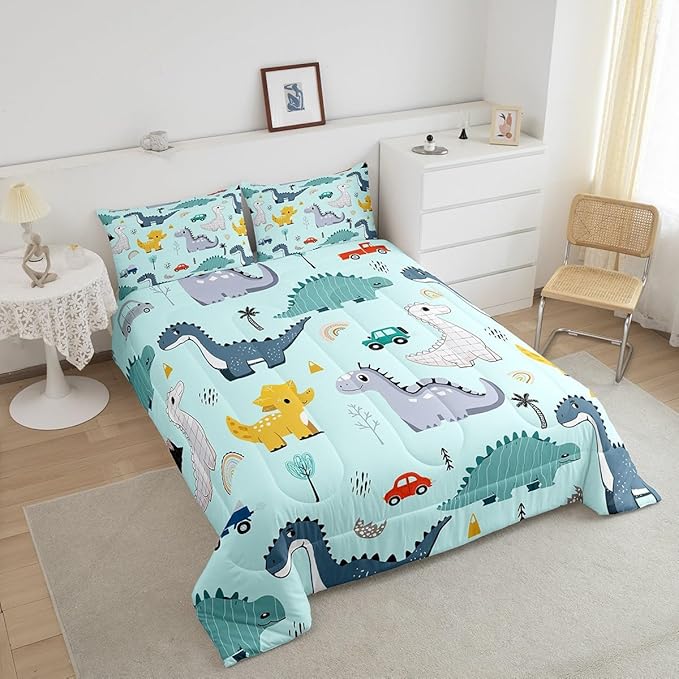 Castle Fairy Cute Car Kids Comforter Set King Size,Cartoon Dinosaur Rainbow Sketch Blue Bedding Set All Season Quilt Set,Kawaii Dino Colorful Wild Animal Microfiber Polyester Down Comforter