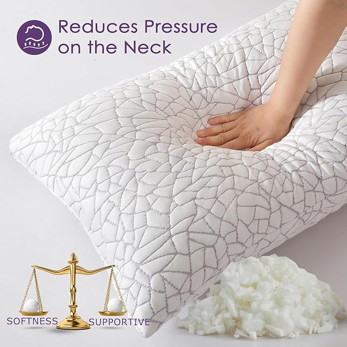 Cooling Shredded Memory Foam Pillow Queen Size Set of 2- Removable Bamboo Rayon Cover + Extra Gel Foam, 100% Adjustable for Back/Side/Stomach Sleepers, Oeko&CertiPUR-US Standard