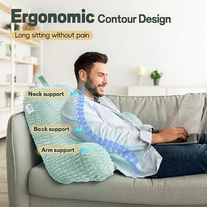 21" Higher Large Reading Pillow for Bed Adult, Back Pillow for Bed Sitting Up with Memory Foam Back Support with Arms Rest for Couch Chair Blue