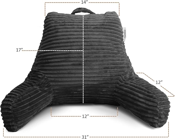 Nestl Reading Pillow with Shredded Memory Foam, Luxe Cut Plush Back Pillow for Sitting Up in Bed, Back and Arms Adjustable Support for Adult & Teens, Backrest Pillows with Washable Cover Dark Grey
