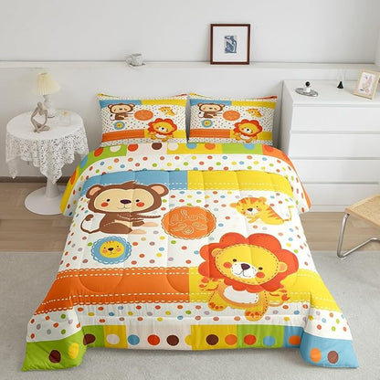 Lion Tiger Monkey Bedding Set Toddler Size Cartoon Wild Animal Comforter Set for Kids Teens Room Decor Colorful Polka Dots Duvet Insert Cute Wildlife Theme Down Comforter Set,2Pcs