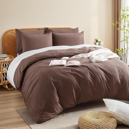 NEXHOME PRO Twin Duvet Cover Set, 100% Certified Organic Cotton with Washed Feel & Linen-Like Texture, Comfortable & Breathable, Home Bedding Set Dark Brown (No Comforter)