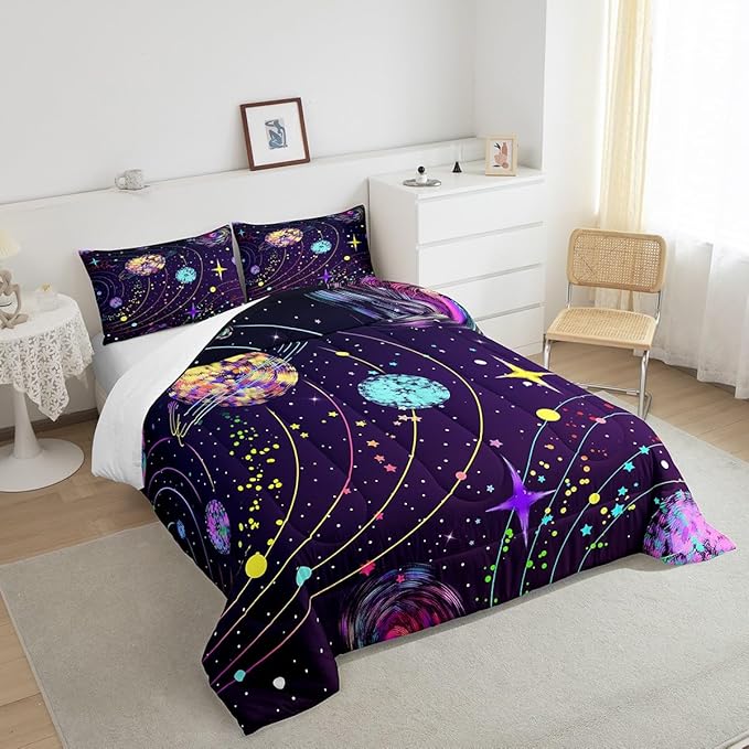 Feelyou Solar System Comforter Set King Size Outer Space Comforter for Kids Teens Adults Universe Planets Bedding Set Cute Astronaut Purple Duvet Set Room Decor 3Pcs with 2 Pillow Case