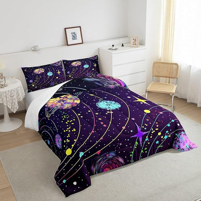 Feelyou Solar System Comforter Set Full Size Outer Space Comforter for Kids Teens Adults Universe Planets Bedding Set Cute Astronaut Purple Duvet Set Room Decor 3Pcs with 2 Pillow Case