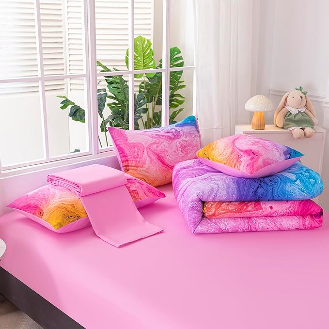 4Pcs Tie Dye Full Size Comforter Set for Girls Kids, Colorful Girls Bedding Set Full, Soft Kids Bed in A Bag (1 Comforter, 1 Flat Sheet, 2 Pillowcases)