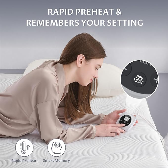 King Size Electric Heated Mattress Pad - Bed Warmer with Memory & Preheat Functions, 12 Heat Settings Dual Control for 1-12 Hours Auto Off, Lighted Button