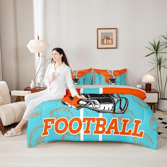 Feelyou Football Queen Comforter Set with Sheets for Kids Boys Girls Ball Games 7 Pieces Bedding Set Rugby Bed in a Bag City of Footballs Room Decor Rugby Sports Soft Lightweight