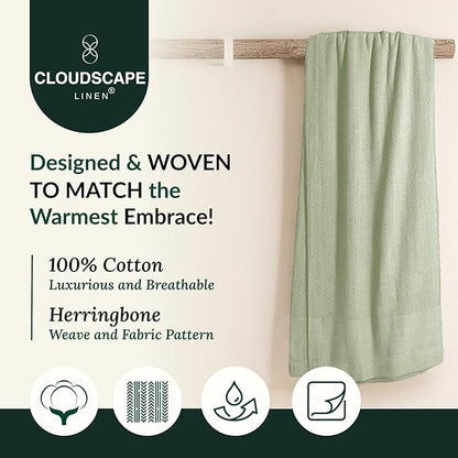 Cloud Scape Linen Herringbone Cotton Twin Blanket for Couch, Bed,Sofa, Home Decor, Soft, Weighted, All-Season, Winter Bed Blanket, Best Gift Idea, 68 x92, Seafoam