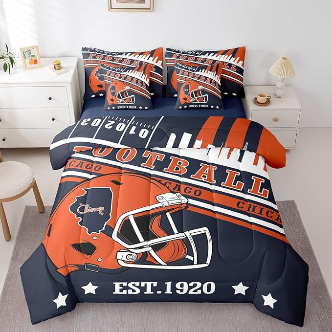 American Football City Helmet Bedding Sets King, 3D Sports Football Game Comforter Orange Navy Football Comforter + Flat Sheet + Fitted Sheet + 2 Pillowcases + 2 Throw Pillow Covers (Chicago)