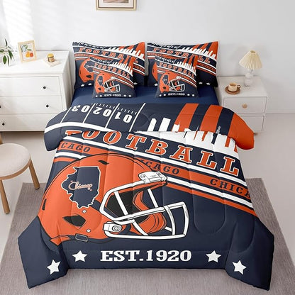 American Football City Helmet Bedding Sets Full, 3D Sports Football Game Comforter Orange Navy Football Comforter + Flat Sheet + Fitted Sheet + 2 Pillowcases + 2 Throw Pillow Covers (Chicago)