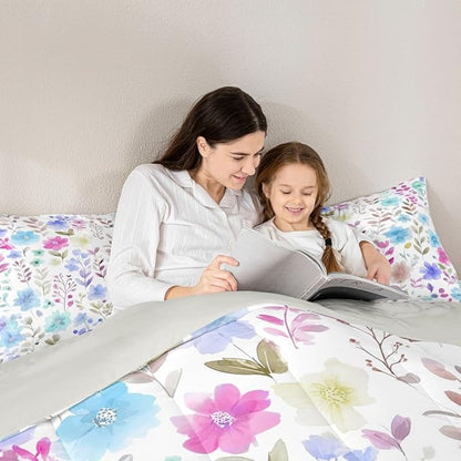 Erosebridal Cute Floral Boho Queen Comforter Set,Pink and Blue Purple Flower Bedding Sets for Kids Girls,Farmhouse Spring Flowers Bed Set,Colorful Wildflower Room Decor,2 Pillowcases Breathable
