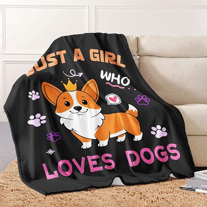 Puppy Corgi Lover Blanket, Just A Girl Who Loves Dogs Blanket, Soft Warm Cozy Fleece Throw, Gifts for Girls Women Kids, 50"x60", Black
