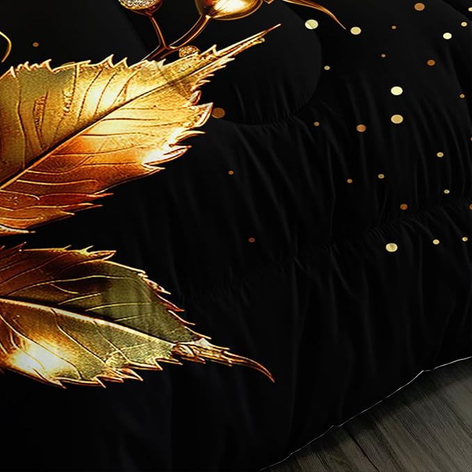 Gold Red Rose Comforter Set Queen Size,Golden Glitter Butterfly Pattern Bedding Set for Girls Women Couple Lover,Romantic Valentine's Day Floral Themed Bedding Set with 2 Pillowcases.