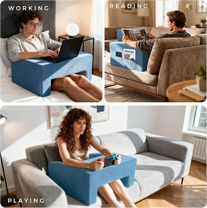 Reading Pillow for Gaming Lap Desk Pillow for Laptop with Pocket Foldable Memory Foam Bed Desk for Reading Working Crocheting Gaming Arm Rest on Bed/Sofa/Floor/Couch/Car (Blue Foldable)