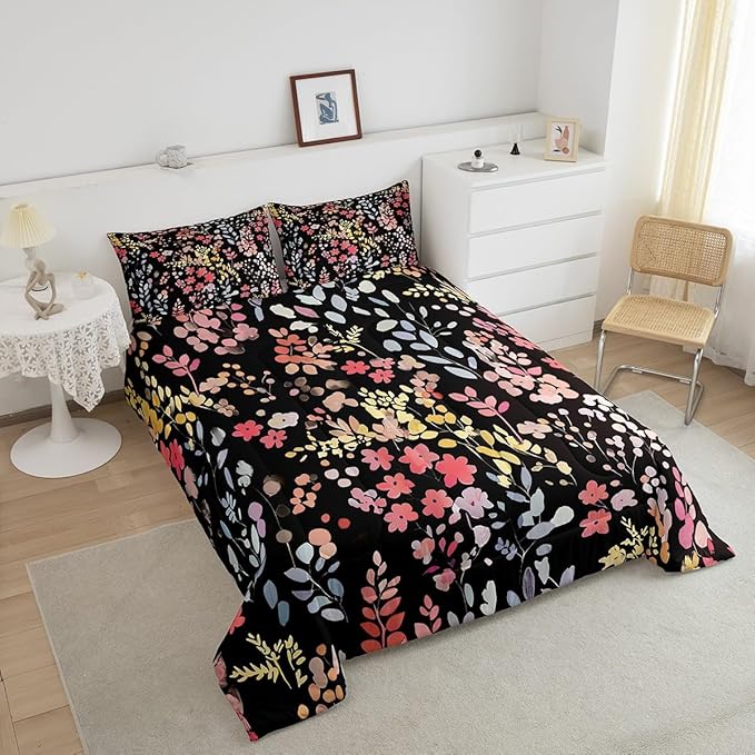 Erosebridal Cute Red Floral Comforter Set King for Kids Girls Women,Colorful Wild Flower Bedding Set Boho Bedroom Decor,Watercolor Flowers Quilt Bed Set Rustic Wildflower Bed Comforter Set 3Pcs