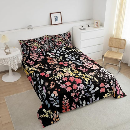 Erosebridal Cute Red Floral Comforter Set King for Kids Girls Women,Colorful Wild Flower Bedding Set Boho Bedroom Decor,Watercolor Flowers Quilt Bed Set Rustic Wildflower Bed Comforter Set 3Pcs