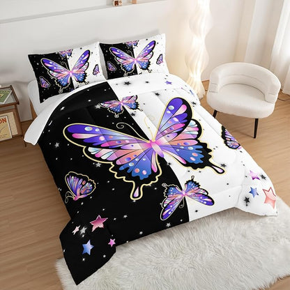 Purple Butterfly Full Comforter Set for Girls Kids,Aesthetics Butterflies Star Glitter Pattern Bedding Set for Teens Girls Room Decor,Nature Animal Themed Bedding Set with 2 Pillowcases.