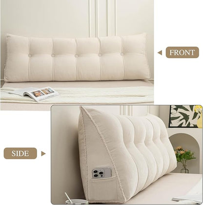 Headboard Pillow Twin, Chenille Triangular Wedge Pillow Headboard Twin Size, Reading Setting Backrest Daybed Pillows for Bed Sofa with Removable Coverr, Beige