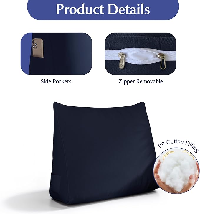 WOWMAX Back Pillow for Bed Sitting up-Bed Wedge Pillow Back Support Pillows for Bed & Sofa Couch, 85% Linen 15% Cotton Blend, Deep Blue