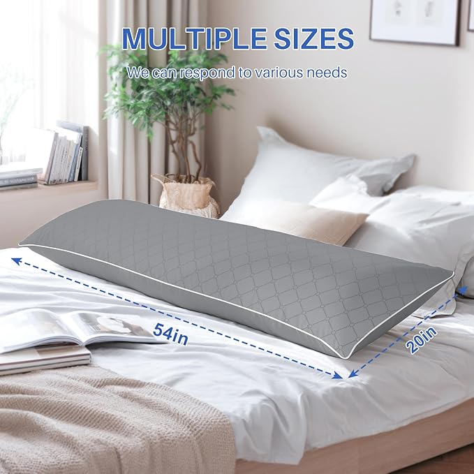 YZ HOME Long Body Pillow for Adults - Firm Body Pillow Insert with Shredded White Memory Foam, Adjustable Height, Soft Support for Side Sleeping, Pregnant Women, Washable (Grey, 20x54 Inch)