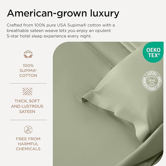 Threadmill Luxury Supima Cotton Sheets, Luxury 1000 Thread Count Soft 100% Cotton Sheets for Queen Size Bed, 4 Pc Sage Green Bed Sheets Queen Set, 5-Star Hotel Quality Deep Pocket Bed Sheets Set
