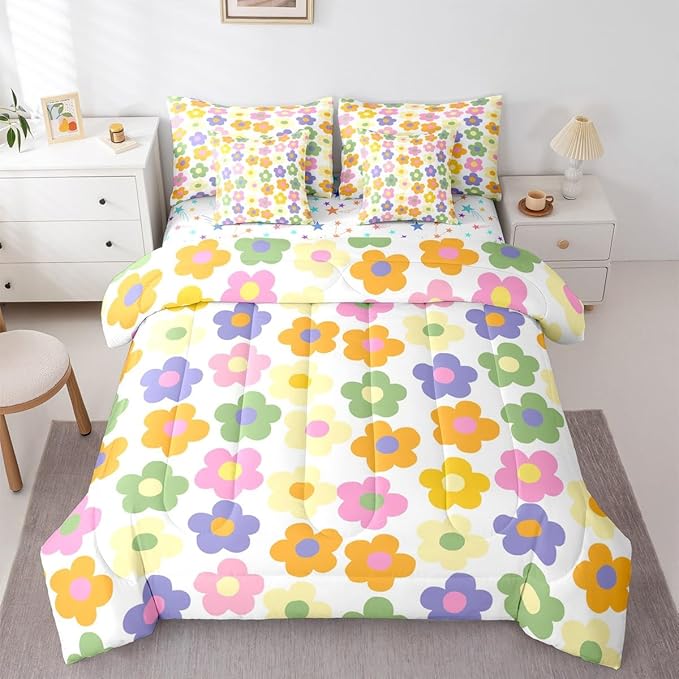 Feelyou Cute Flower 7 Piece Bedding Set Colorful Floral Comforter Set with Sheets for Kids Boys Girls Kawaii Theme Bed in a Bag White Bed Set Soft Lightweight