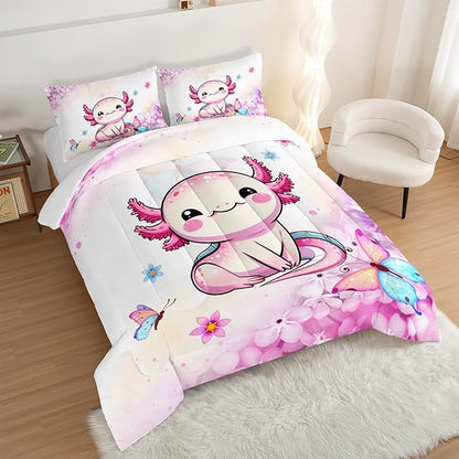 Cartoon Axolotl Comforter Kids Bedding Set,Axolotl Flower Butterfly Bedding Twin Size for Boys Girls Room Kawaii Decor,Pink Toddler Comforter Sets with 2 Pillowcases.