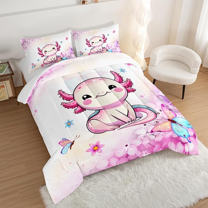 Cartoon Axolotl Comforter Kids Bedding Set,Axolotl Flower Butterfly Bedding Full Size for Boys Girls Room Kawaii Decor,Pink Toddler Comforter Sets with 2 Pillowcases.