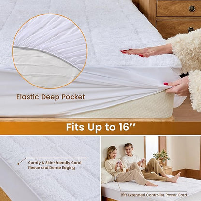 Bearhug Electric Heated Mattress Pads Queen Size 60”×80” Sherpa Bed Warmer with 16” Deep Pocket 10 Heat Settings 12-Hour Timer Machine Washable White