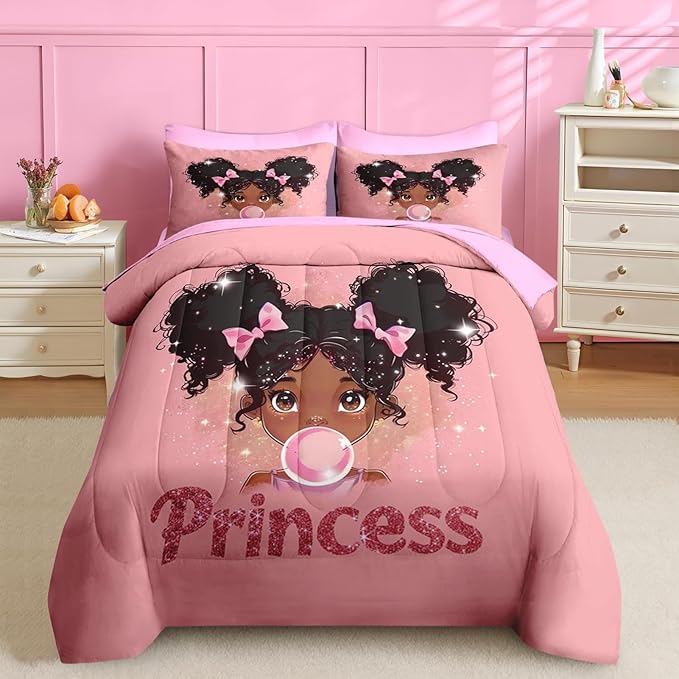 Nesker 5 Pcs Comforter Set Twin Size, African American Princess Bubbles Bedding for Kids Teen, Pink Black Girl Bed Sheet with Pillowcase & Sham