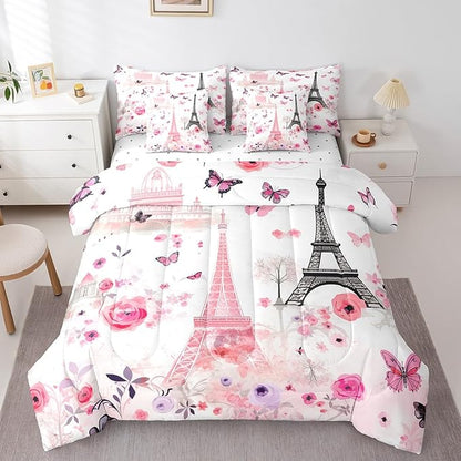 Feelyou Eiffel Tower Comforter Set with Sheets King Size Paris 7 Piece Bedding Set for Adult Boys Girls Teens Pink Flower and Butterfly Bed in a Bag Romantic Art Bed Set