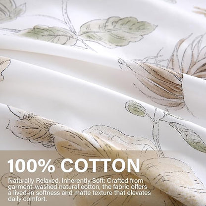 Floral Duvet Cover King Size 100% Cotton Duvet Cover Set Khaki and Green Floral Duvet Cover with Zipper Closure & Corner Ties 3 Pcs Soft & Breathable Comforter Cover Sets