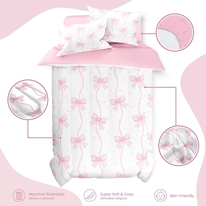 SANDJEST Bow Duvet Cover Sets Full Size for Kids Girls, Incude 1 Polyester Comforter Cover 80x90 Inches and 2 Pillowcases 20x26 Inches, Comforter Not Included, Gift for Christmas Birthday