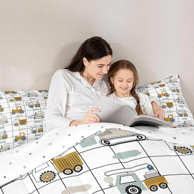 Feelyou Construction Truck Comforter Set King Size Kids Machinery Truck Excavators Vehicles Comforter for Boys Teens Cartoon Tractor Bedding Set Excavator Tractor Plaid Grid White Duvet Set Quilt Set