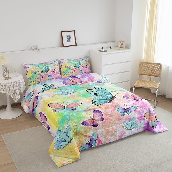 Feelyou Butterfly Comforter Set Tie Dye Flying Butterflies Theme Bedding Set for Kids Boys Girls Teens Rainbow Watercolor Decor Comforter Colorful Quilt Set Room 3Pcs King Size