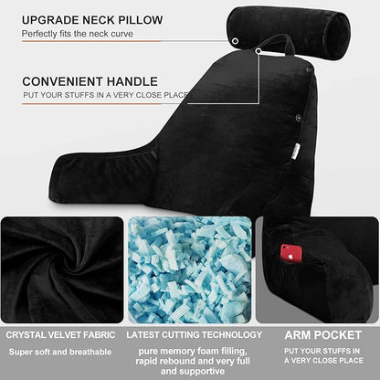 Reading Pillow for Sitting in Bed Adult with Detachable Neck Roll & Big Backrest Pillow for Bed Sitting up with Arms Side Pocket Shredded Foam Large Back Chair Pillow with Washable Cover