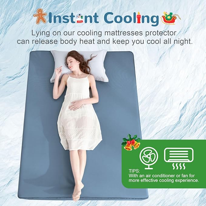Ailemei Direct Cooling Thin Mattress Pad, California King Size Mattress Topper for Hot Sleepers, with a Deep Pocket Fits 16" Mattresses,Cool Fitted Sheets for Bed,Summer Cooling System,Blue,72"x84"