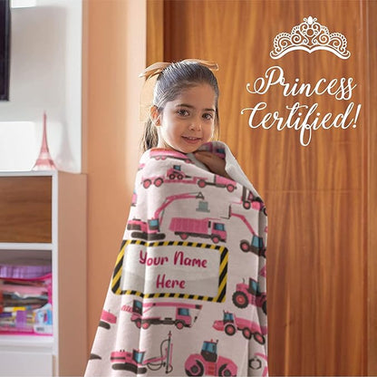 Personalized Construction Truck Blanket for Girls and Boys, Cute Custom Name Throw in Blue or Pink, Colorful Heavy Duty Vehicle Theme, Soft and Plush, Christmas or Birthday, (Sherpa 60x80)